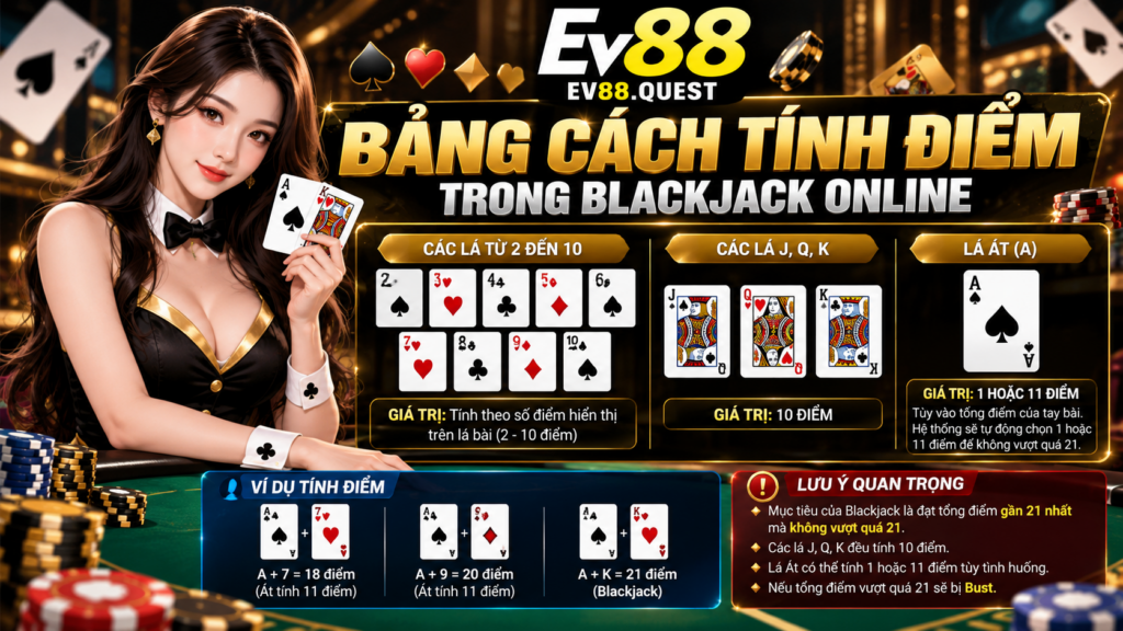 Bảng cách tính điểm và giá trị các lá bài trong Blackjack Online