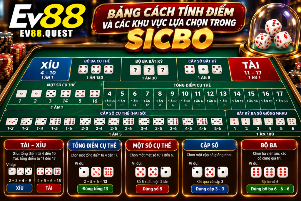 Bảng cách tính điểm và các khu vực lựa chọn trong Sicbo