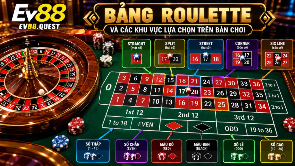 Bảng Roulette và các khu vực lựa chọn trên bàn chơi